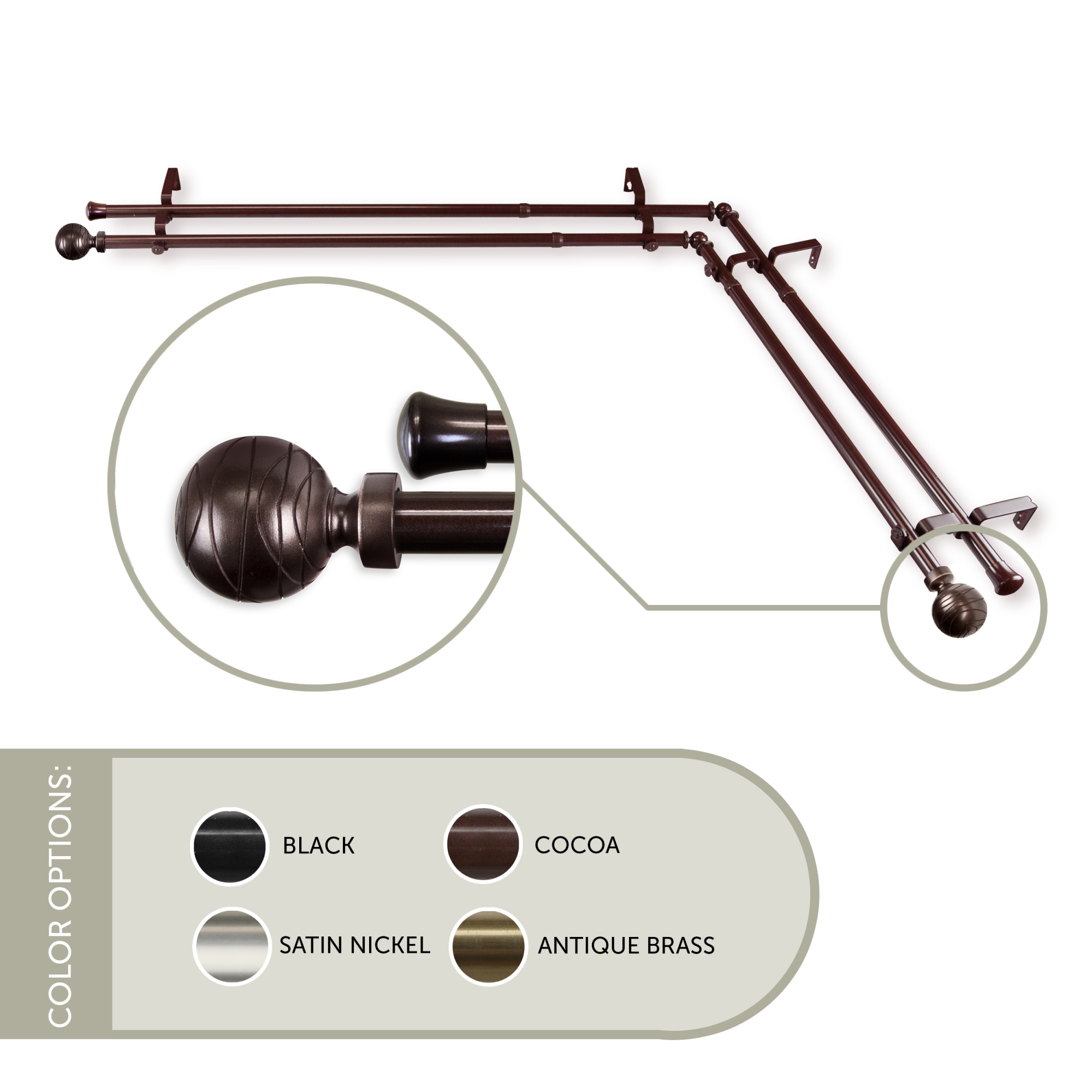 Cocoa Details about / Astamoda Lynn Double Corner Window Curtain Rod 13//16 inch 28-48/"