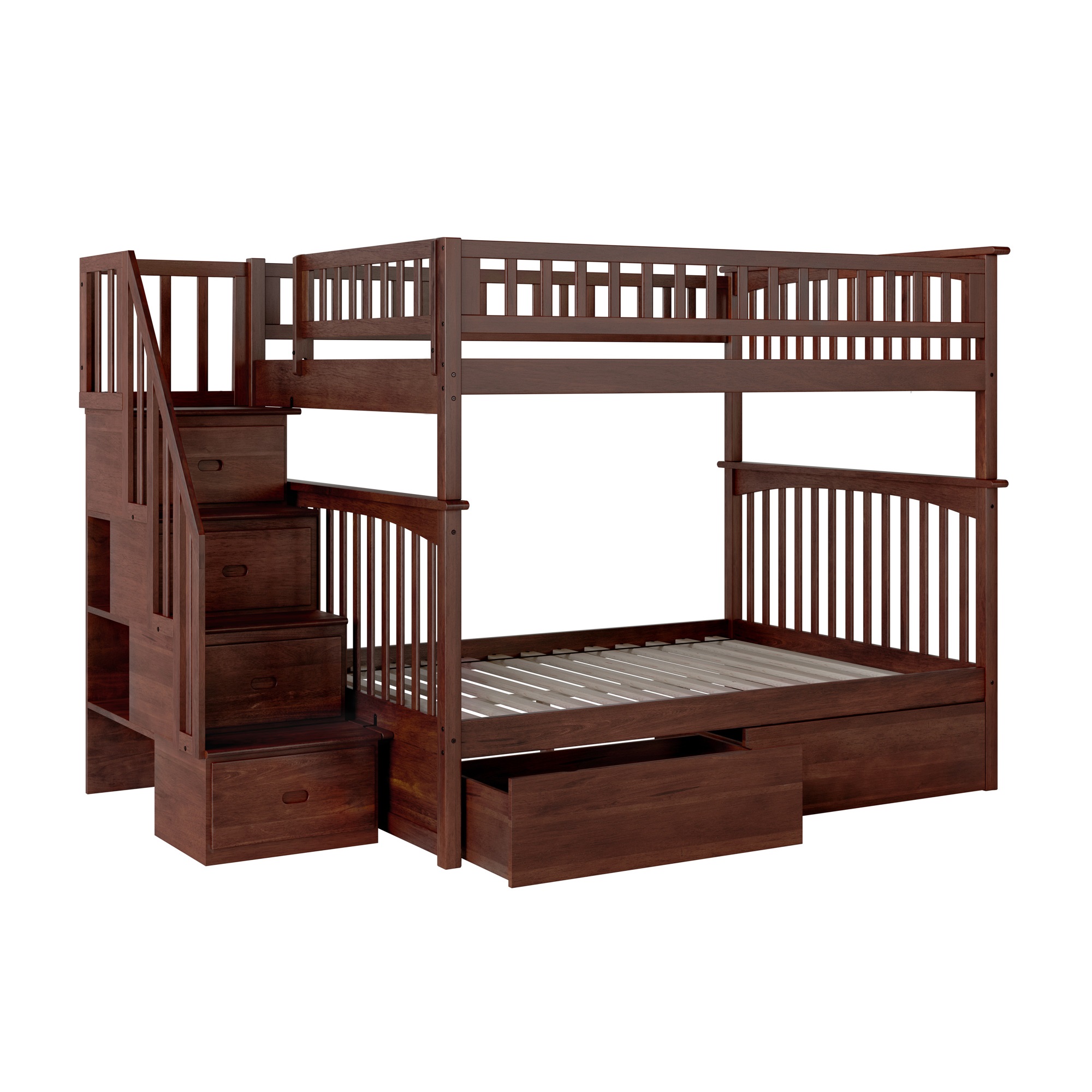 Columbia Staircase Bunk Bed Full over Full with 2 Urban Bed Drawers in Walnut