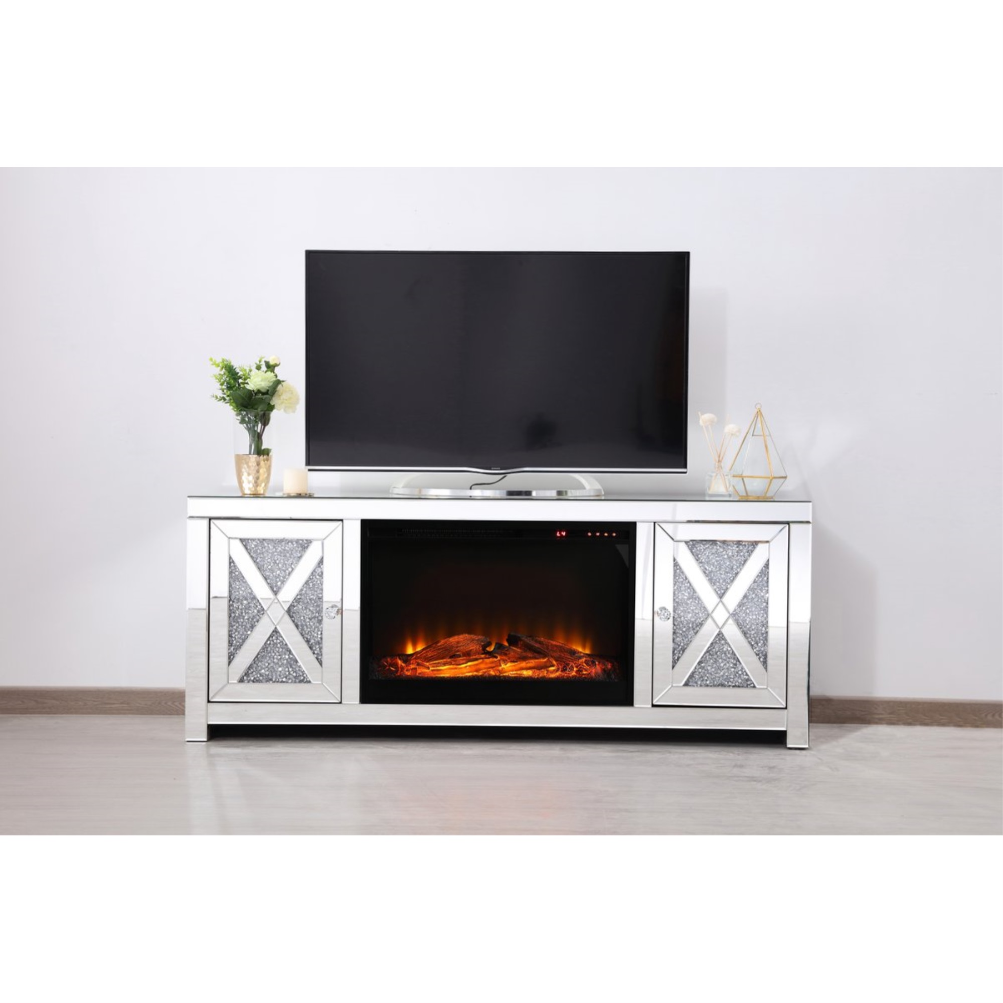 59 In Crystal Mirrored Tv Stand With Wood Log Insert Fireplace 59 In Crystal Mirrored Tv Stand With Wood