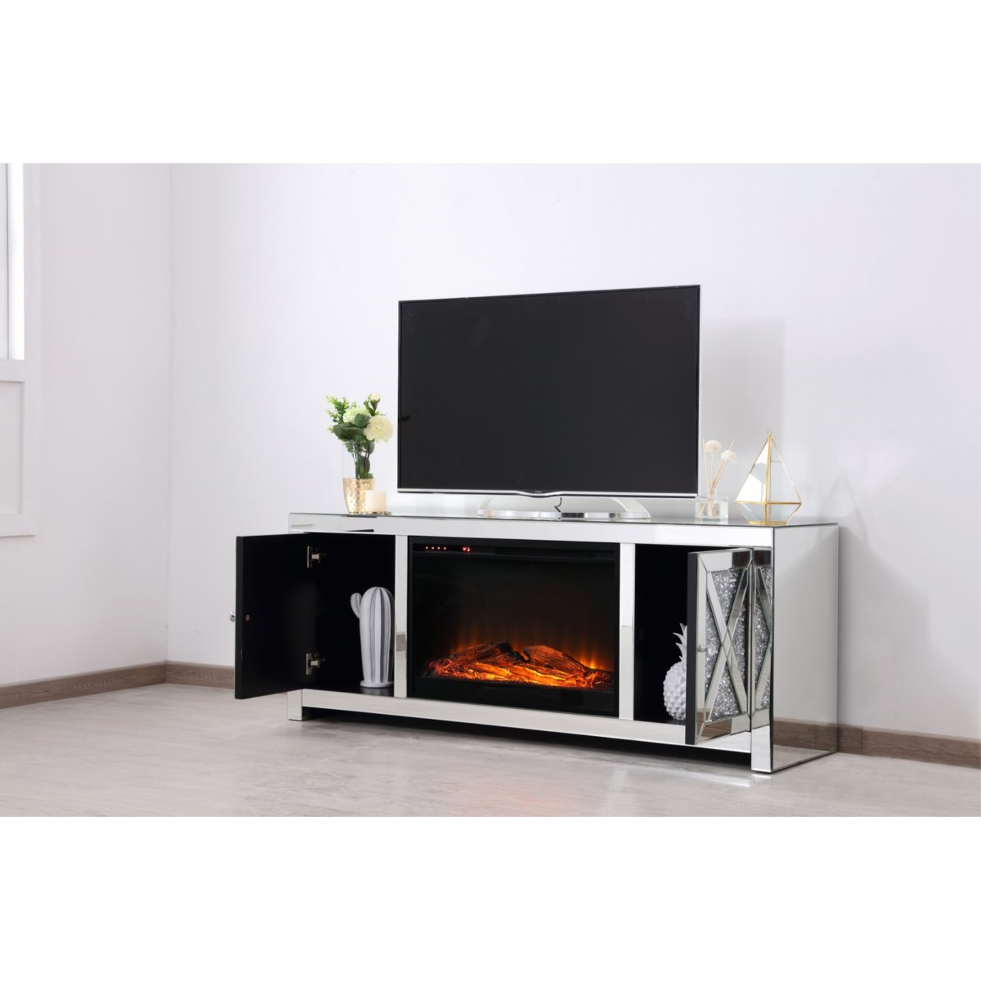 Details About 59 In Crystal Mirrored Tv Stand With Wood Log Insert Fireplace Mf9903 F1