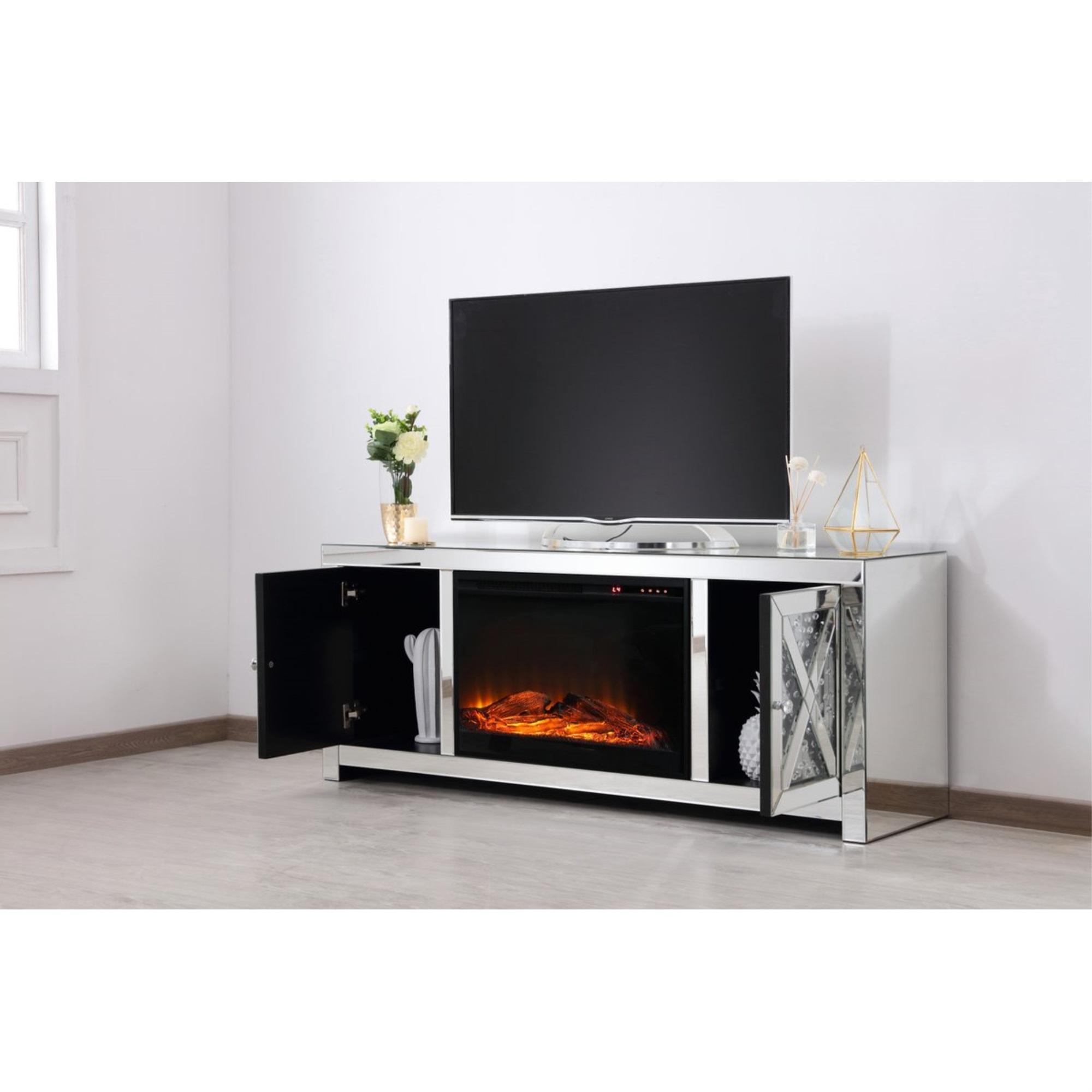 59 In Crystal Mirrored Tv Stand With Wood Log Insert Fireplace 59 In Crystal Mirrored Tv Stand With Wood