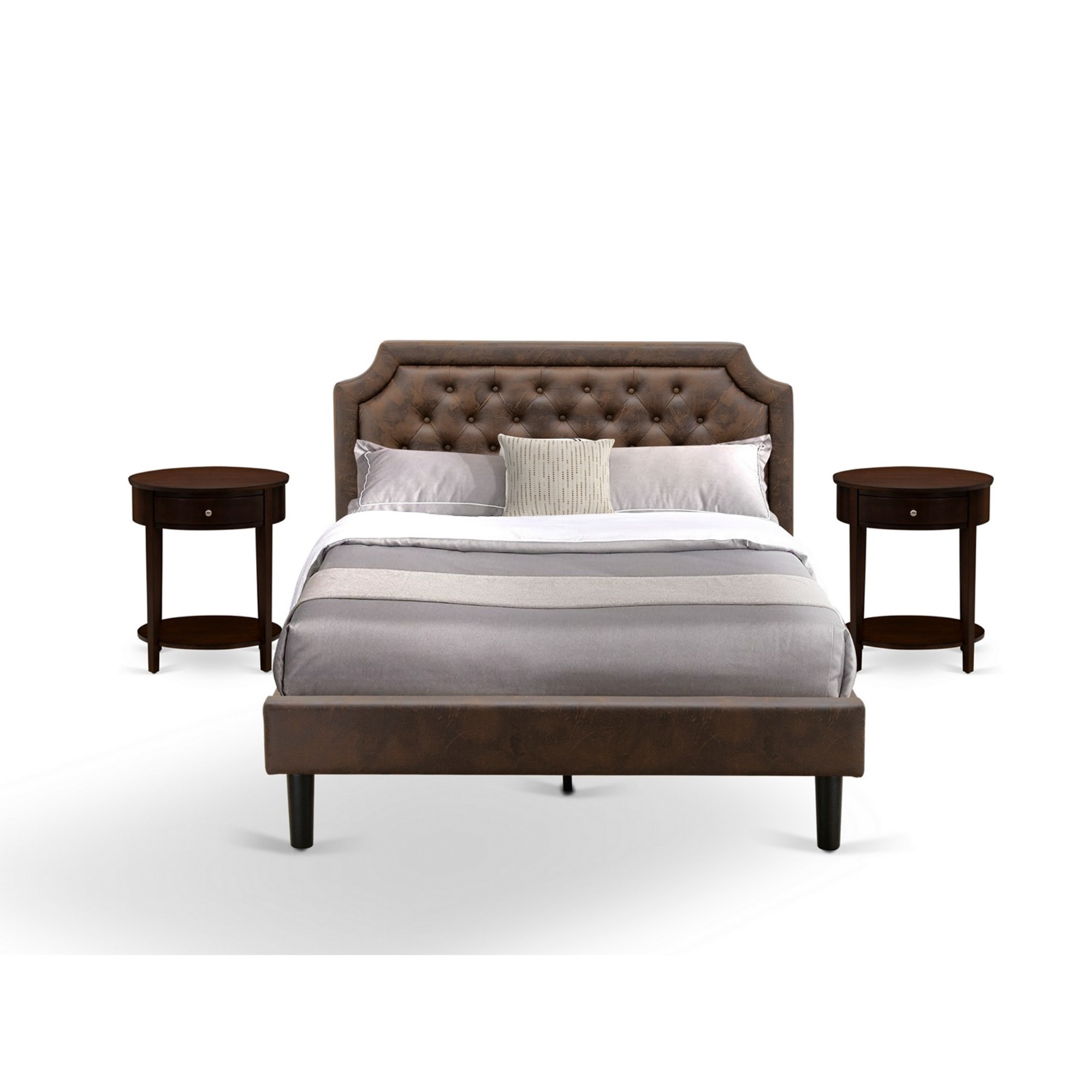 Gb25Q-2Hi0M 3-Pc Platform Bedroom Set With Button Tufted Queen Size Bed Frame And 2 Mahogany Night Stands - Dark Brown Faux Leather With Black Texture And Black Legs