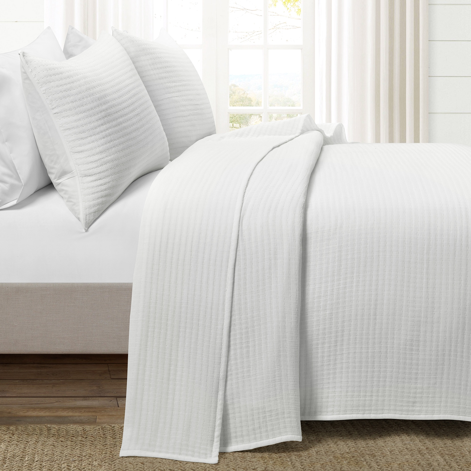 Solid Kantha Pick Stitch Yarn Dyed Cotton Woven Quilt/Coverlet Off