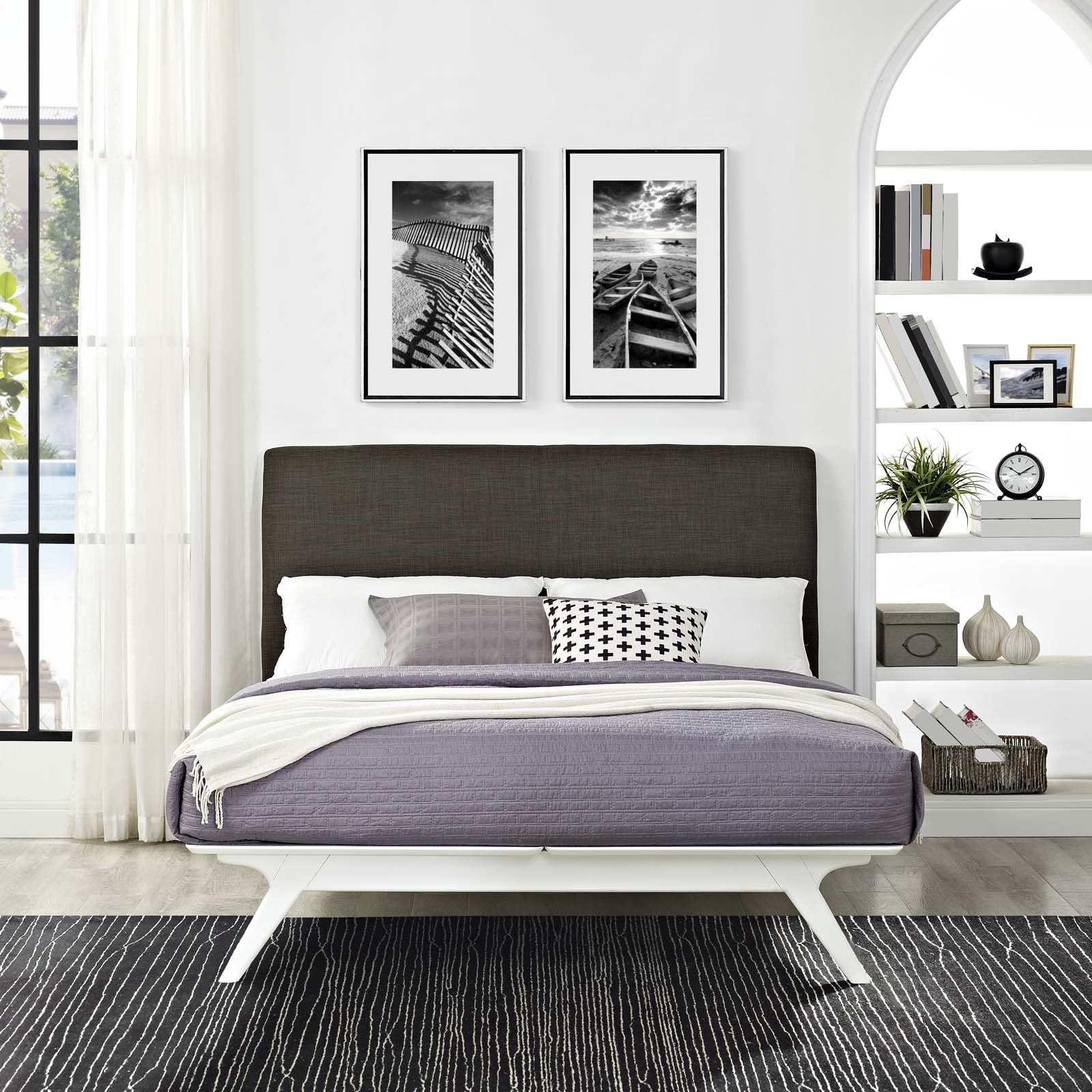 Modway Tracy MidCentury Modern Wood Platform Queen Size Bed in White