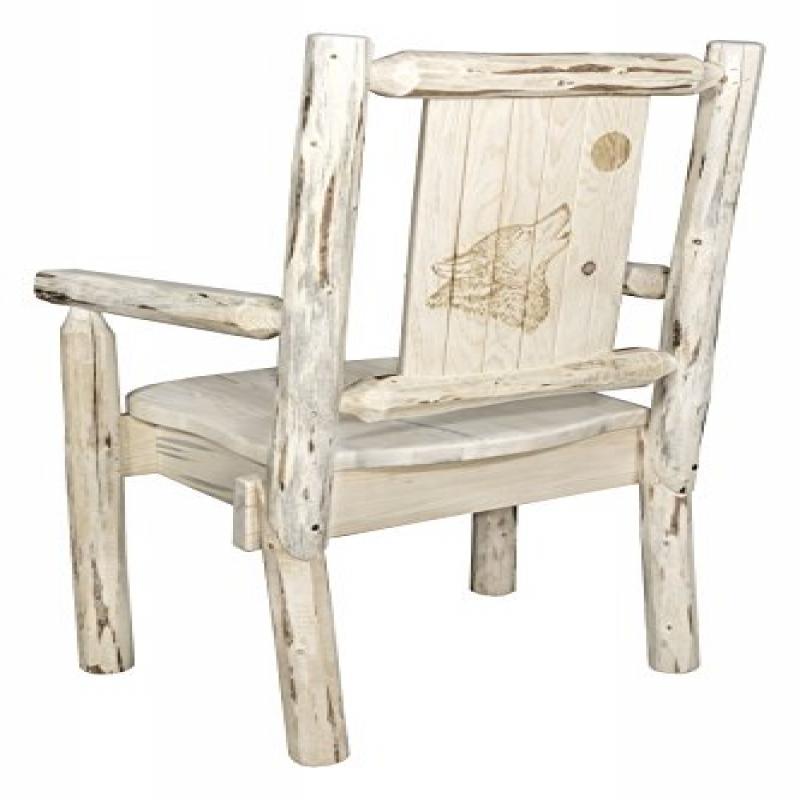 Montana Collection Captain's Chair w/ Laser Engraved Wolf Design, Clear Lacquer Finish