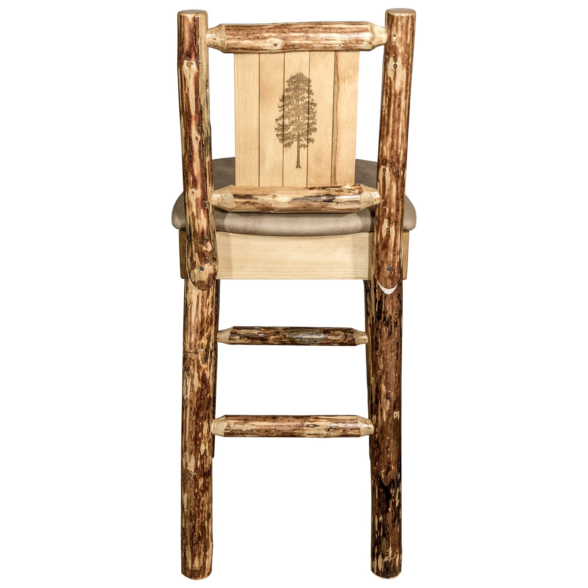 Glacier Country Collection Counter Height Barstool w/ Back - Buckskin Upholstery, w/ Laser Engraved Pine Tree Design