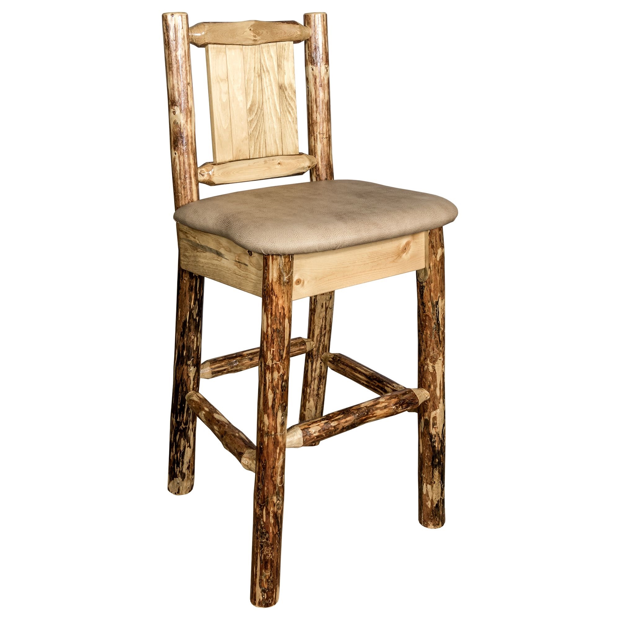 Glacier Country Collection Counter Height Barstool w/ Back - Buckskin Upholstery, w/ Laser Engraved Pine Tree Design