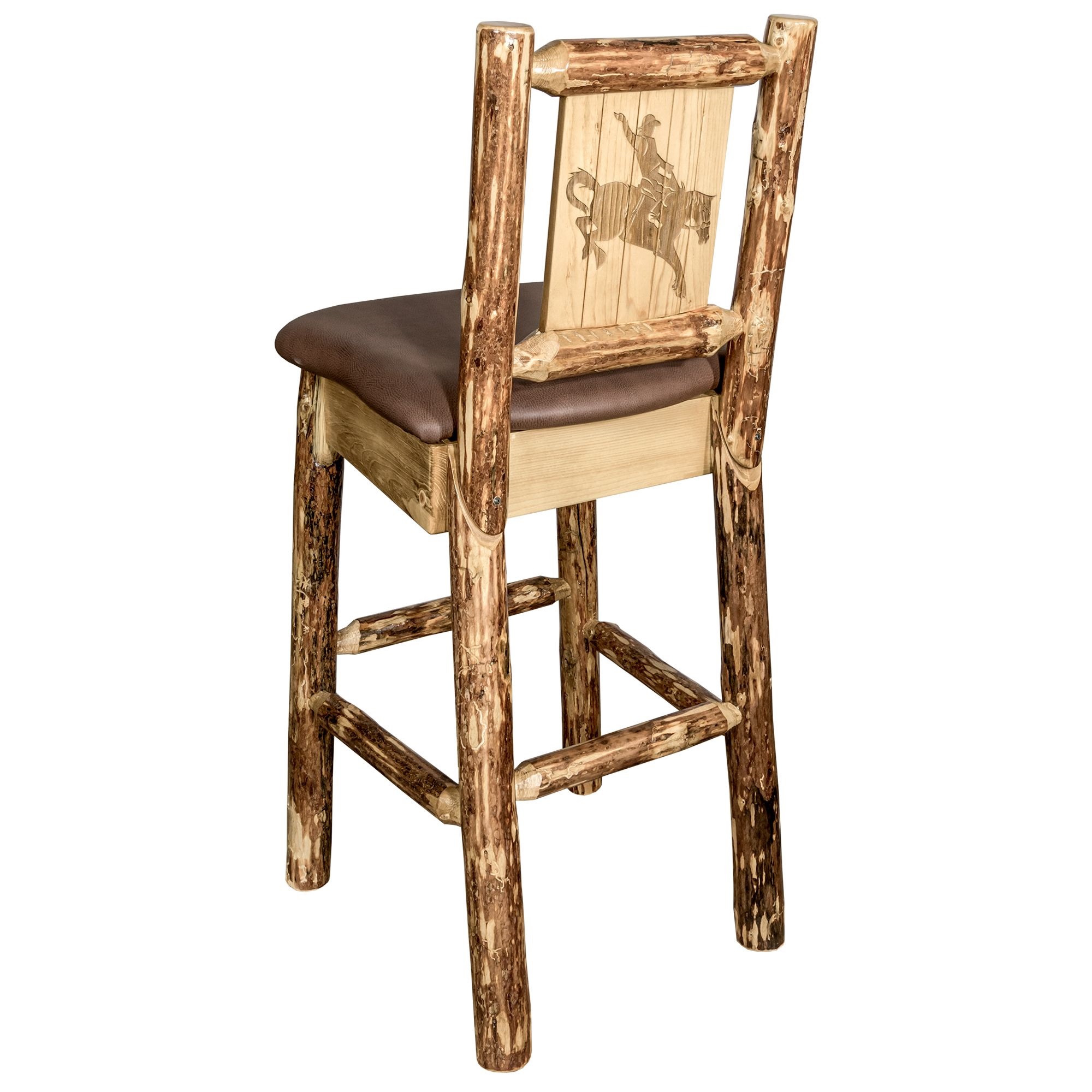 Glacier Country Collection Counter Height Barstool w/ Back - Saddle Upholstery, w/ Laser Engraved Bronc Design