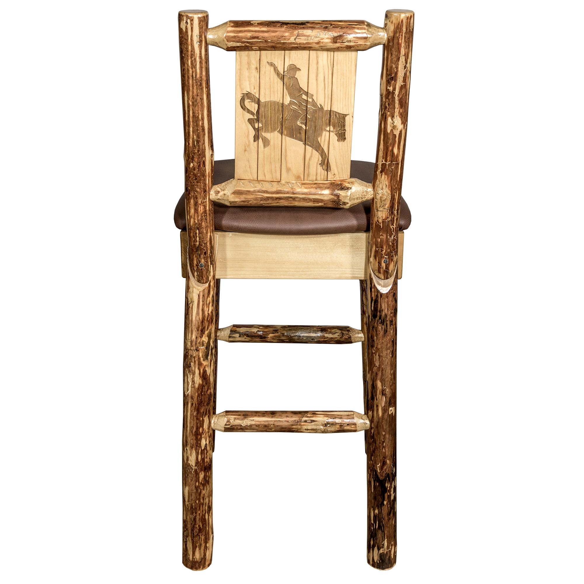 Glacier Country Collection Counter Height Barstool w/ Back - Saddle Upholstery, w/ Laser Engraved Bronc Design