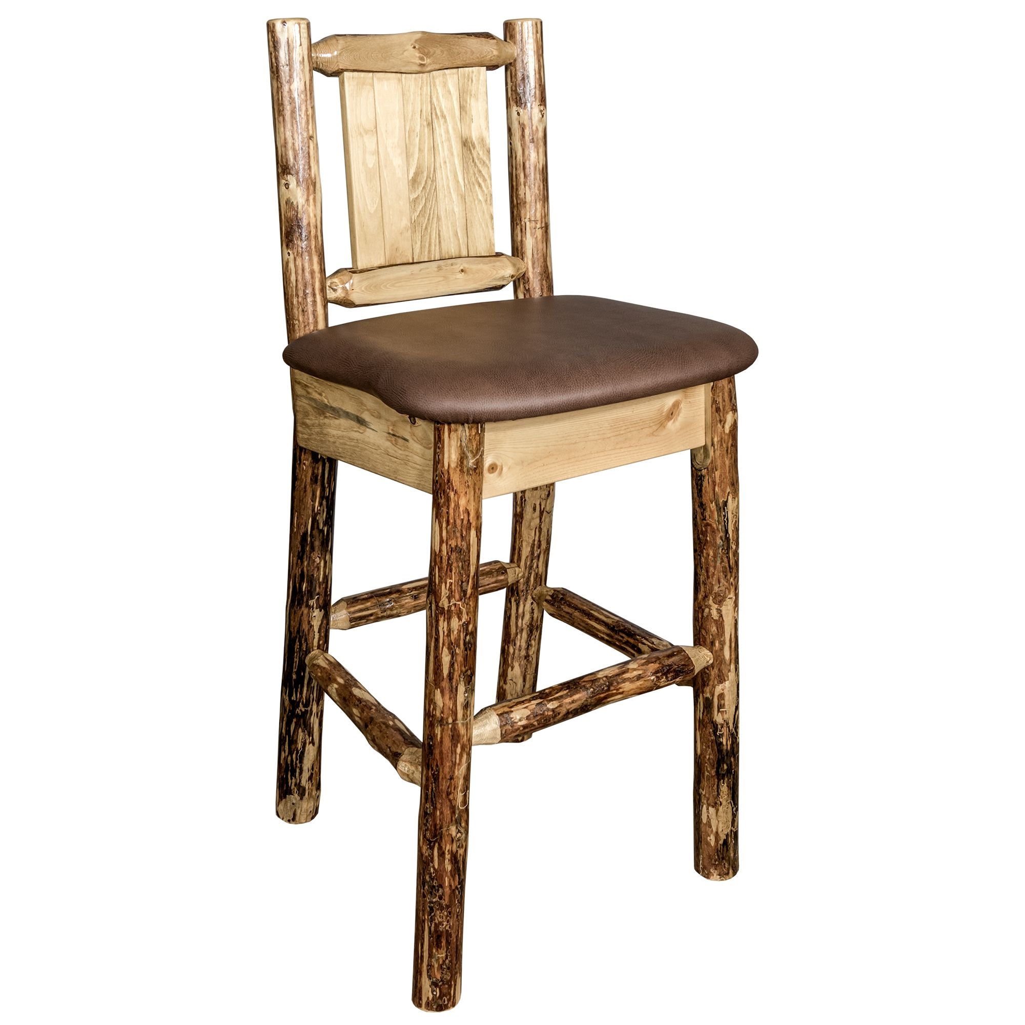 Glacier Country Collection Counter Height Barstool w/ Back - Saddle Upholstery, w/ Laser Engraved Bronc Design