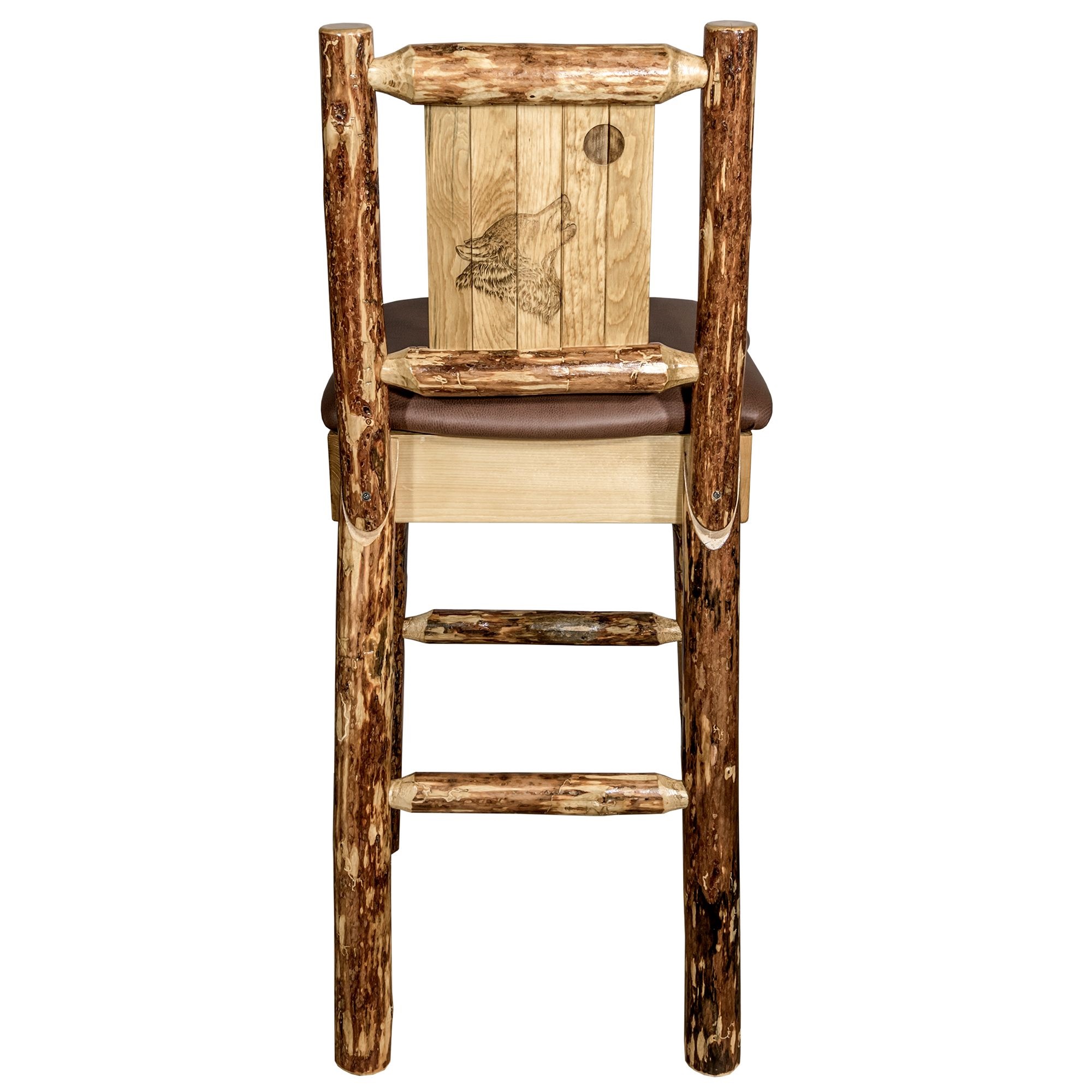 Glacier Country Collection Counter Height Barstool w/ Back - Saddle Upholstery, w/ Laser Engraved Wolf Design