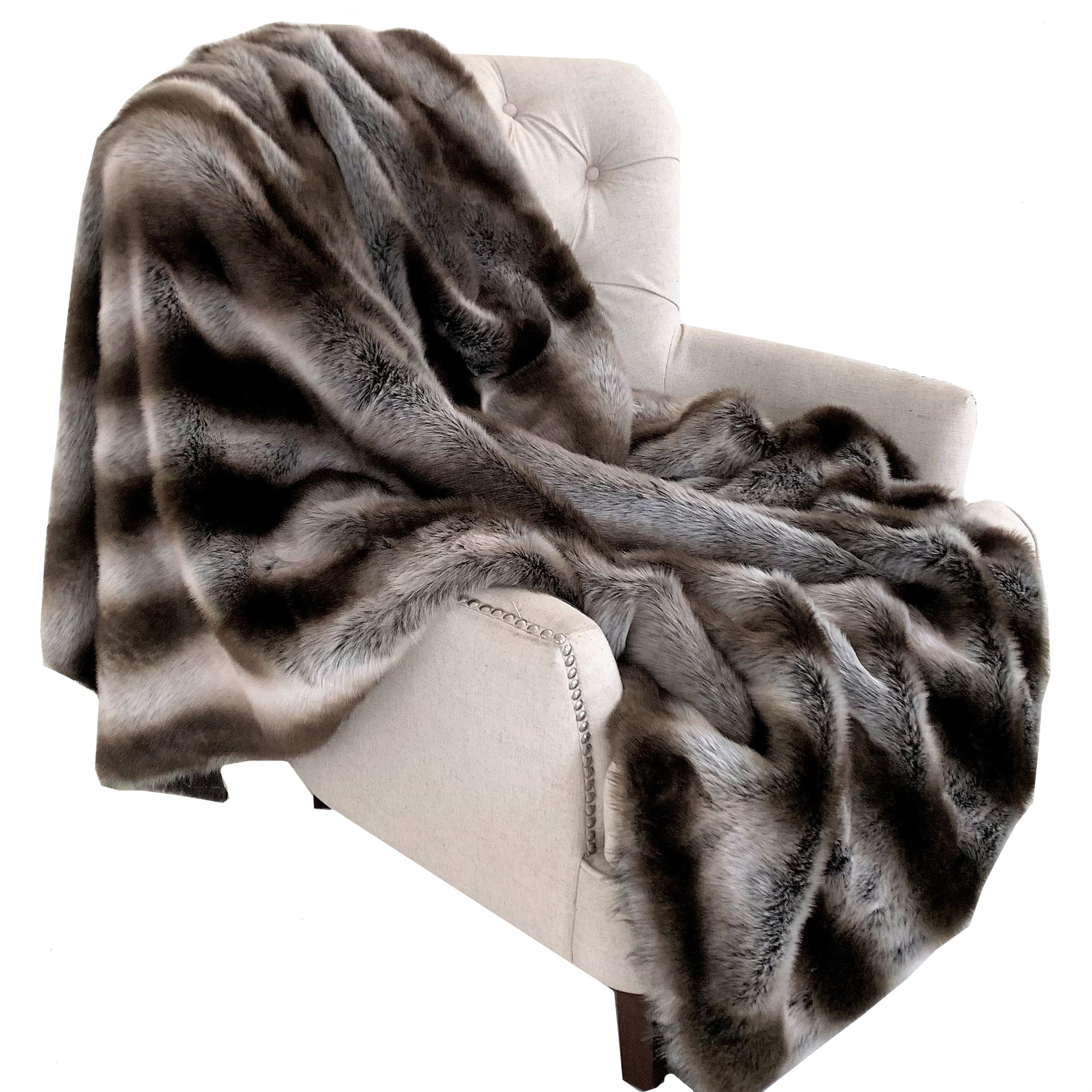Plutus Fancy Gray Silver Chinchilla Faux Fur Handmade Luxury Throw 60W x 84L