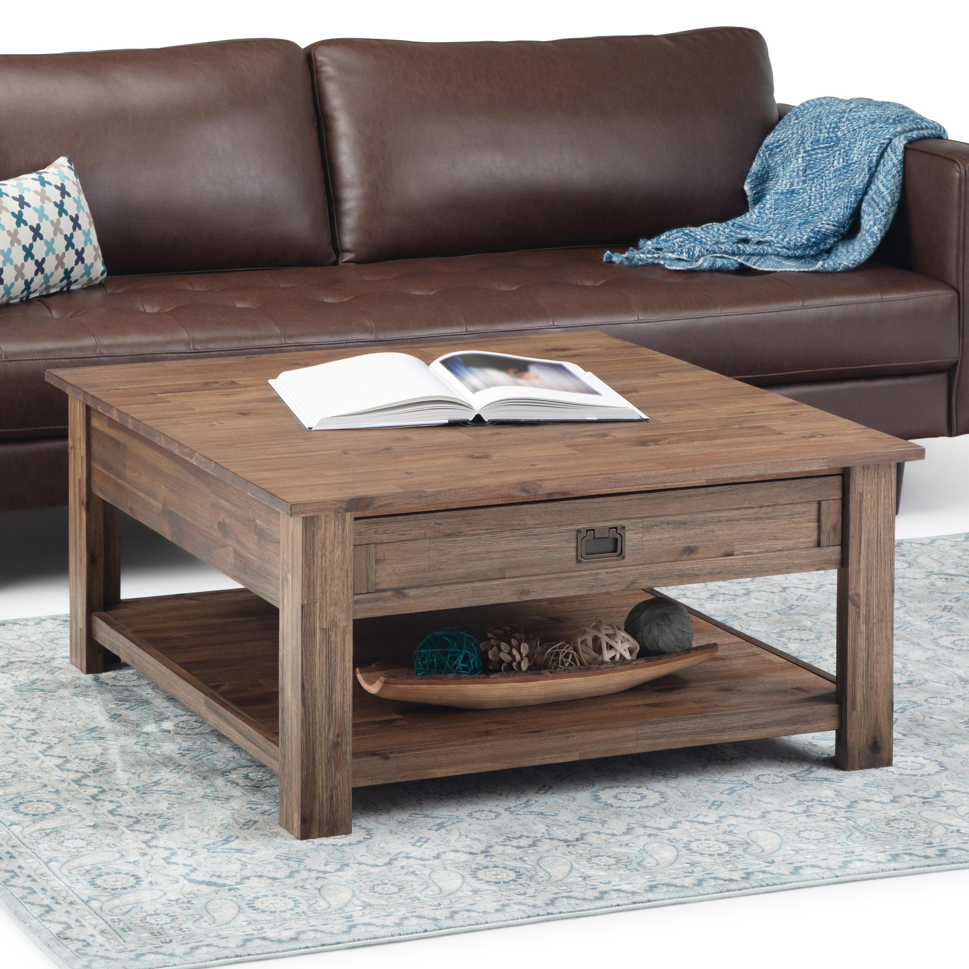 Monroe SOLID ACACIA WOOD 38 inch Wide Square Rustic Coffee Table in Rustic Natural Aged Brown