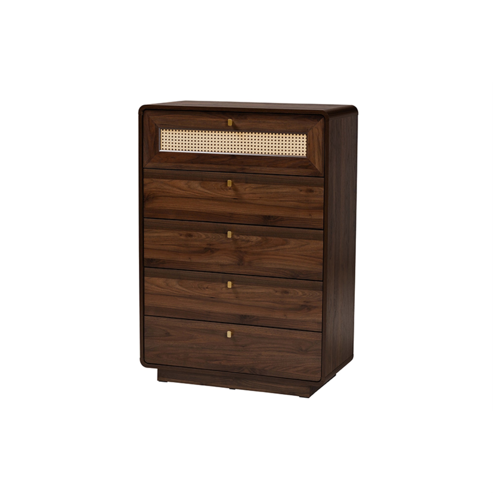 Baxton Studio Jenibelle Classic Walnut Brown Wood 5-Drawer Chest With Rattan Drawer