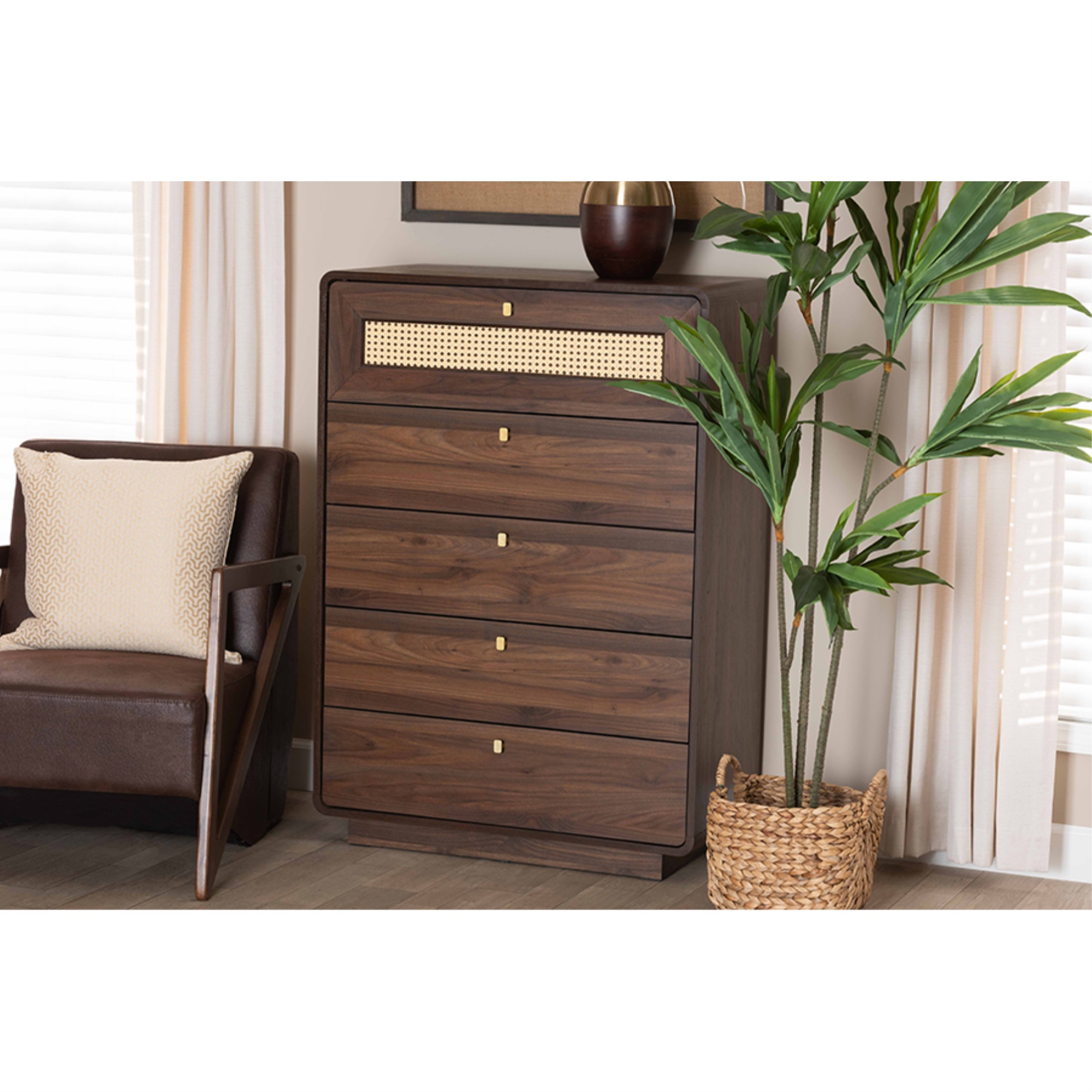 Baxton Studio Jenibelle Classic Walnut Brown Wood 5-Drawer Chest With Rattan Drawer